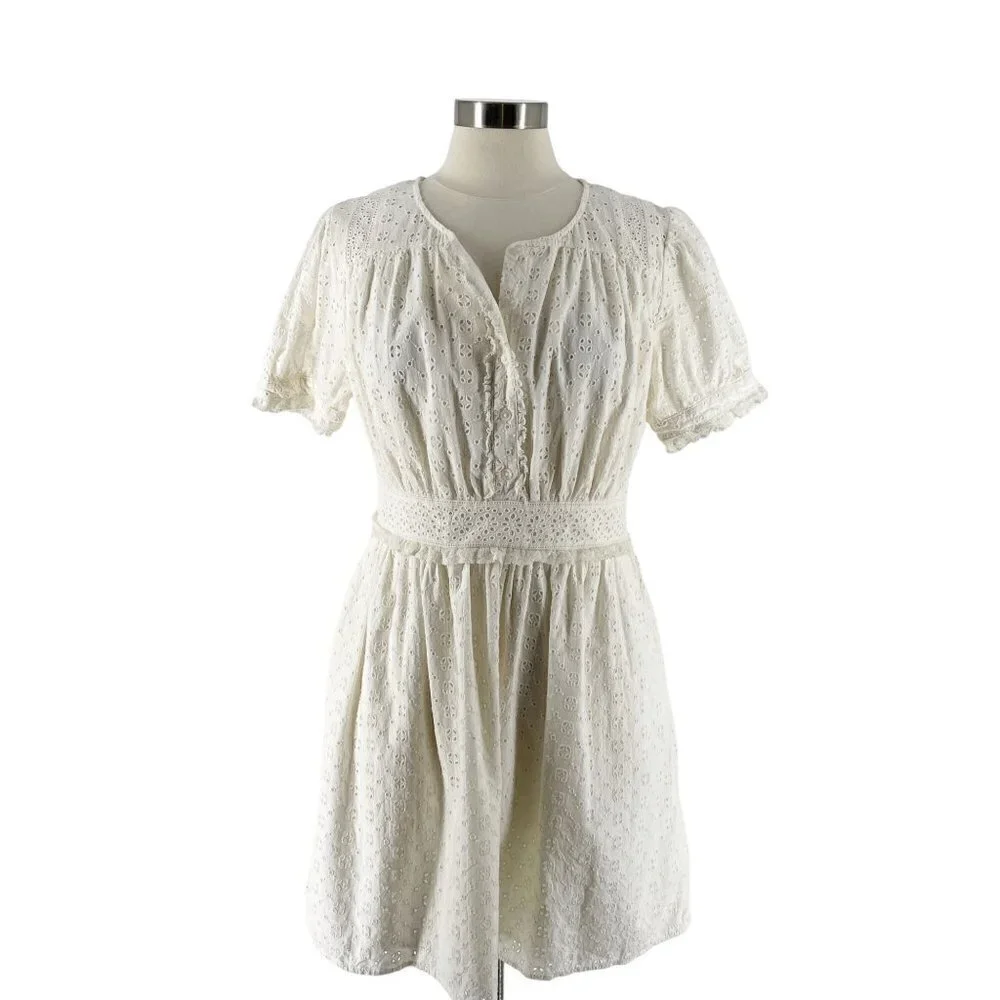 J. Crew Ivory Eyelet Mini Dress Button Front Short Sleeve Casual Summer Size 10